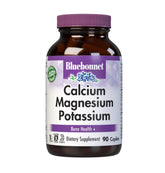 Bluebonnet Calcium Magnesium Potassium bottle with label showing 1000 mg Calcium, 400 mg Magnesium, 99 mg Potassium