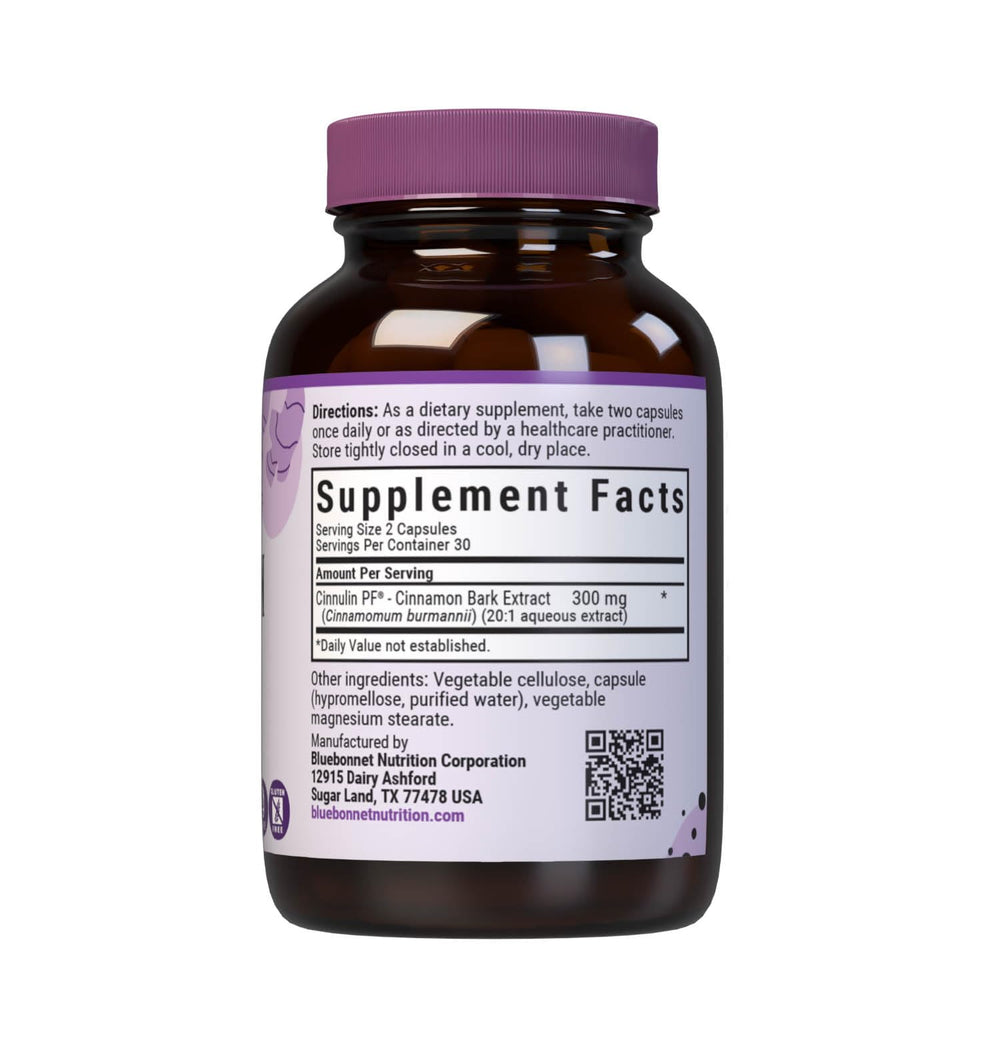 Close-up showing 300 mg Cinnulin PF Cinnamon Bark Extract per serving