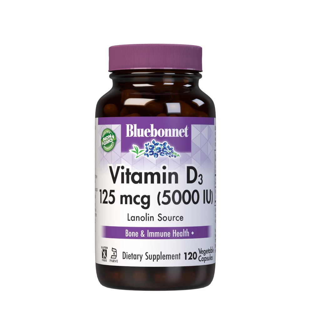 Bluebonnet Vitamin D3 5000 IU bottle with 120 veggie capsules