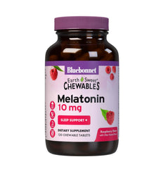 Bottle of Bluebonnet EarthSweet Melatonin 10 mg chewables with raspberry flavor