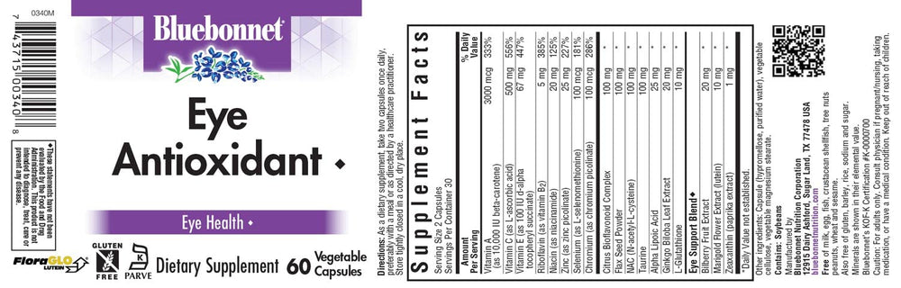 BlueBonnet Eye Antioxidant capsules close-up featuring gluten-free, dairy-free formula for sensitive diets.