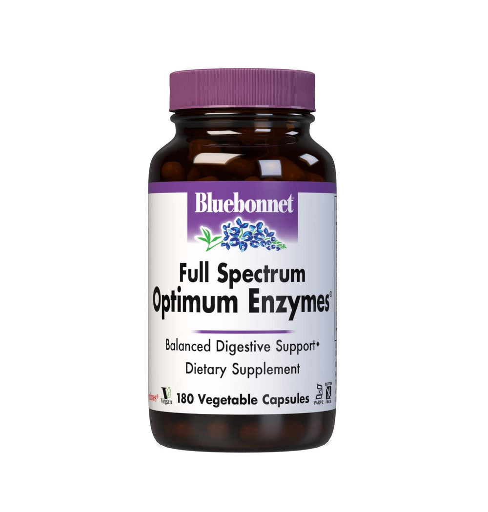 BlueBonnet Full Spectrum Optimum Digestive Enzymes bottle pour supports comfortable digestion.