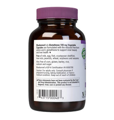 Nutritional label showing vegan, kosher, gluten-free notes on Bluebonnet L-Glutathione bottle