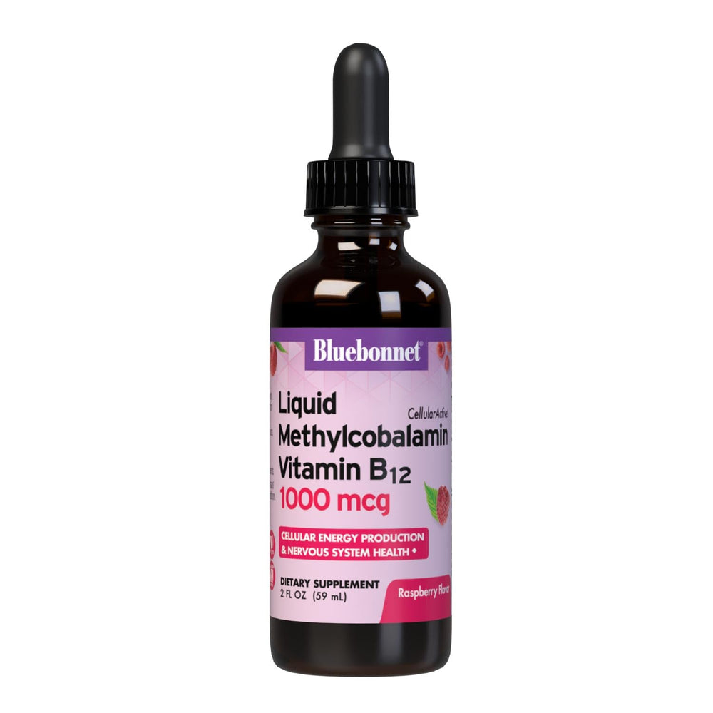 Bluebonnet Nutrition Raspberry Flavored Liquid Vitamin B12 (Methylcobalamin) bottle with dropper