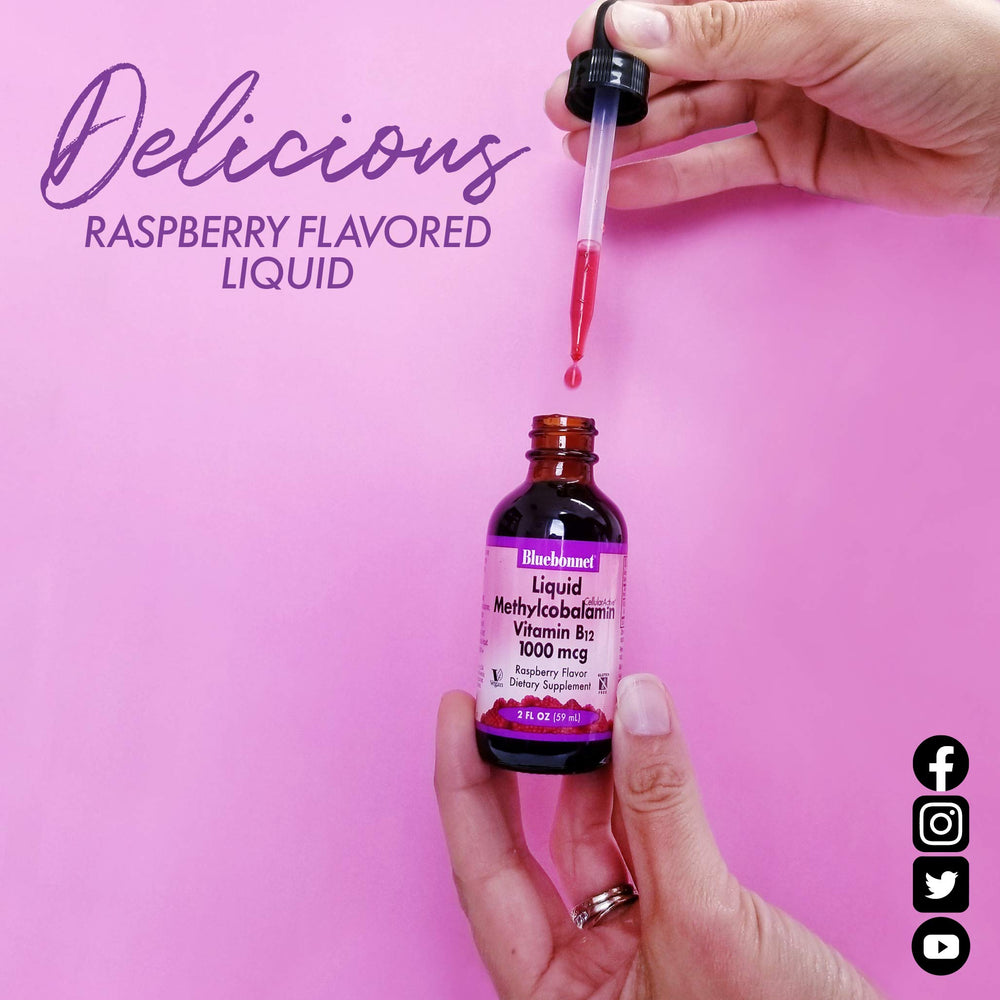 Nutrition label for Bluebonnet Raspberry Methylcobalamin B12 liquid drops.