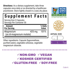 Front label of Bluebonnet Magnesium Malate 425 mg per serving