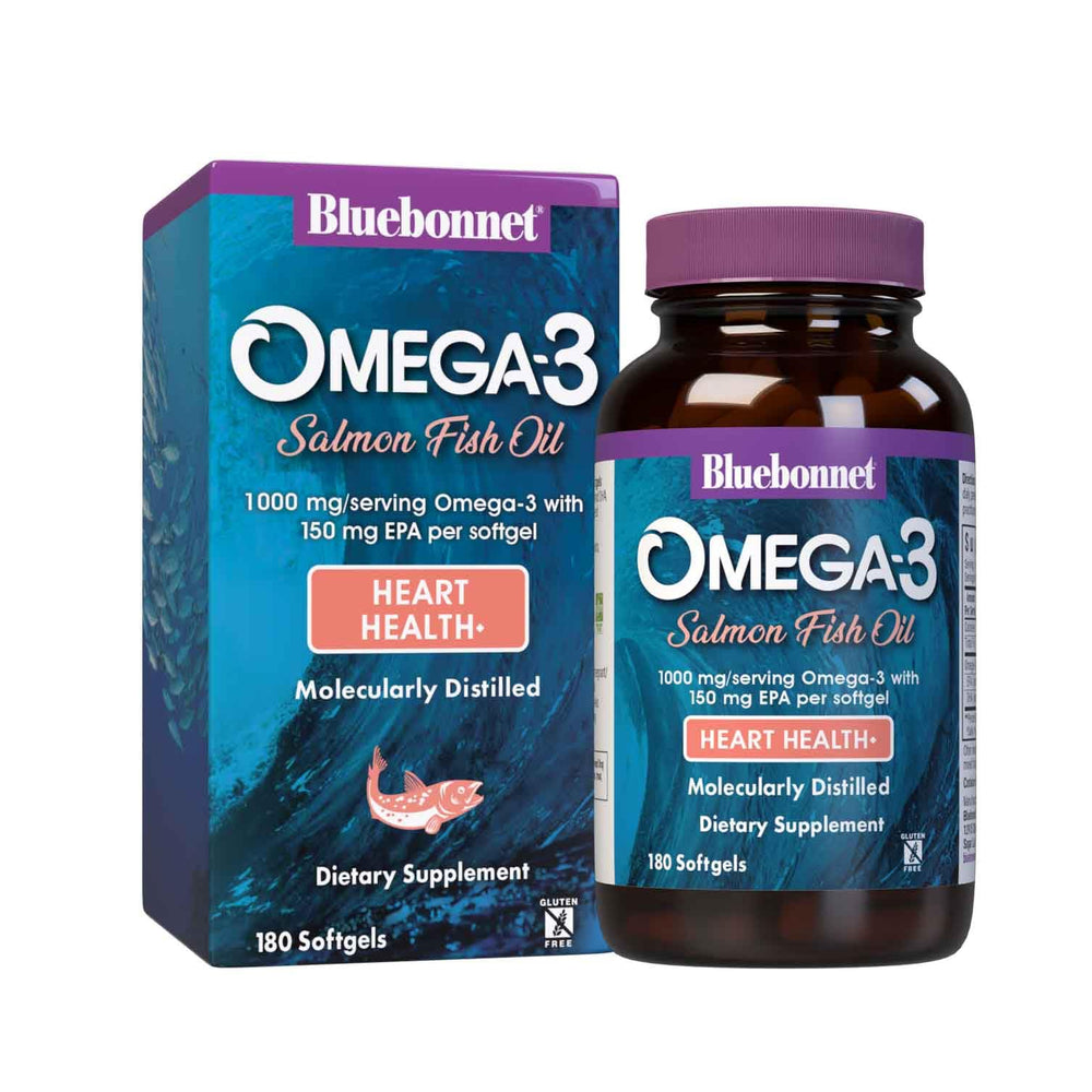 BlueBonnet Natural Omega-3 Salmon Oil Softgels bottle front view, white, 180-count