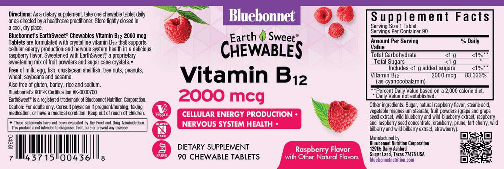 BlueBonnet Vitamin B12 2000 mcg Raspberry chewables – dairy-free vegan
