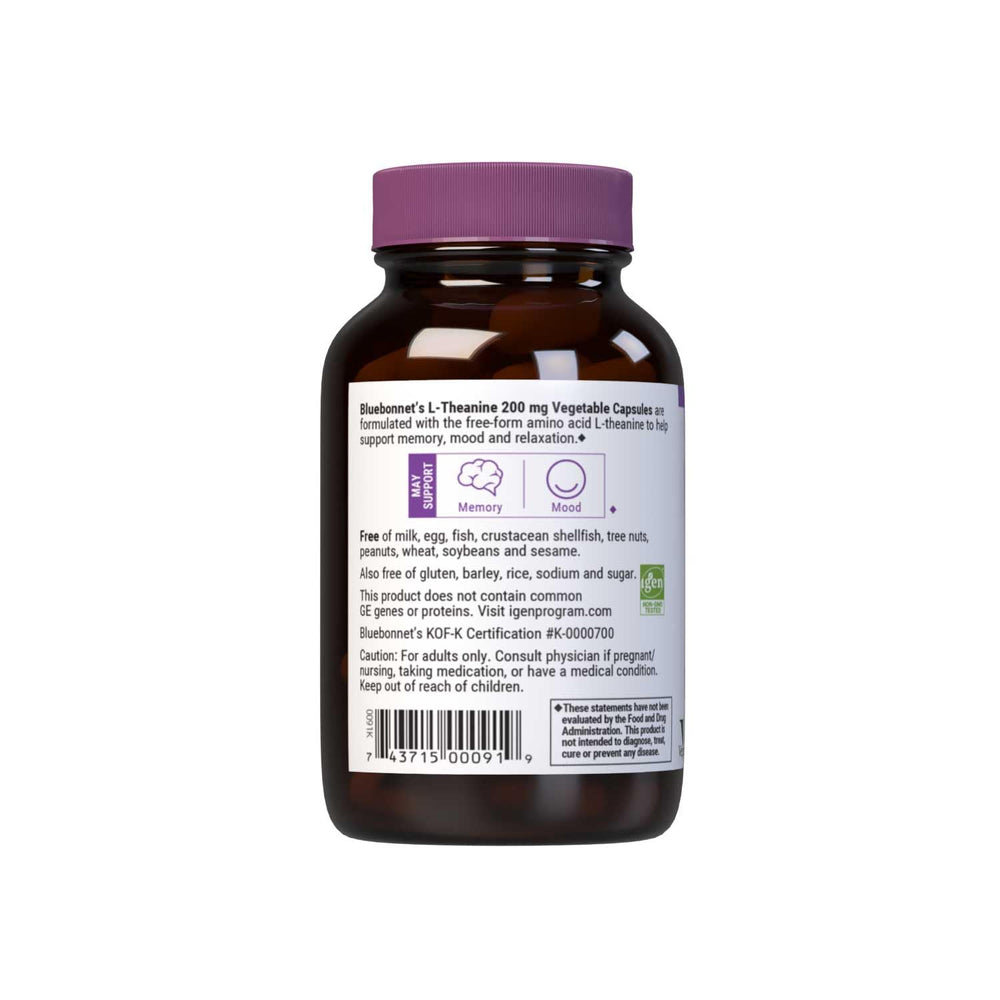 Allergen-free vegan gluten-free kosher labeling for Bluebonnet L-Theanine 200mg