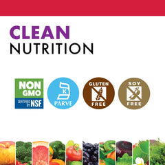 Non-GMO, gluten-free, soy-free, dairy-free certification icons