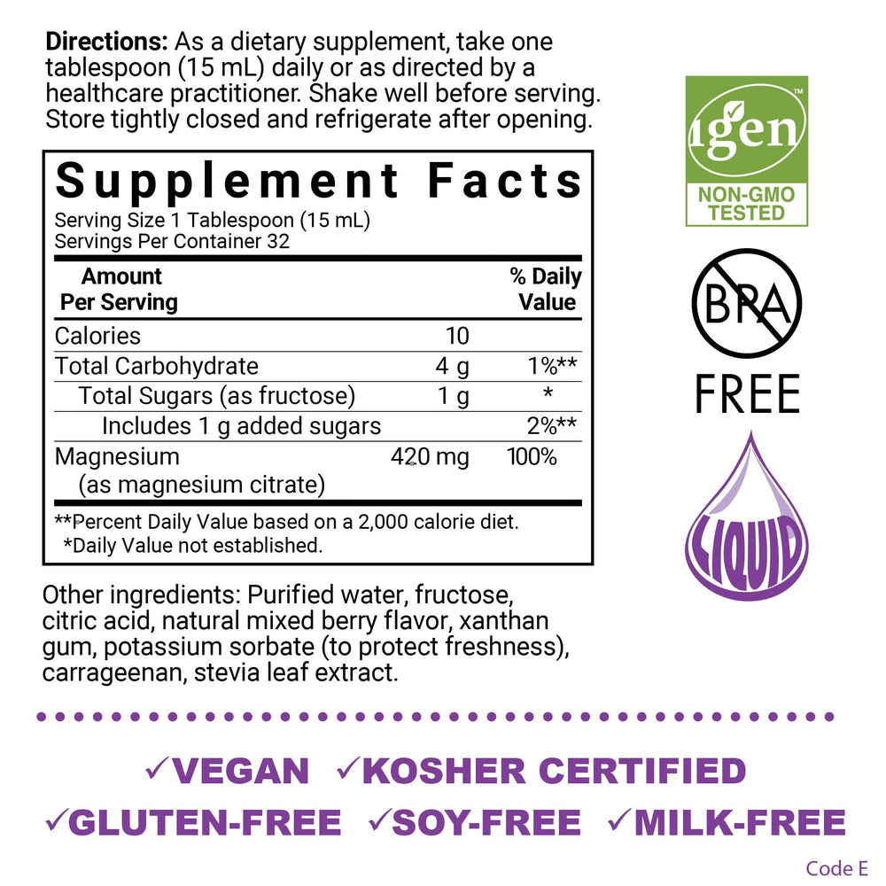 Close-up of 420 mg magnesium citrate label on Bluebonnet bottle