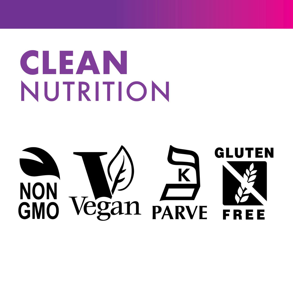 Icons showing soy-free, gluten-free, non-GMO, kosher, dairy-free, vegan