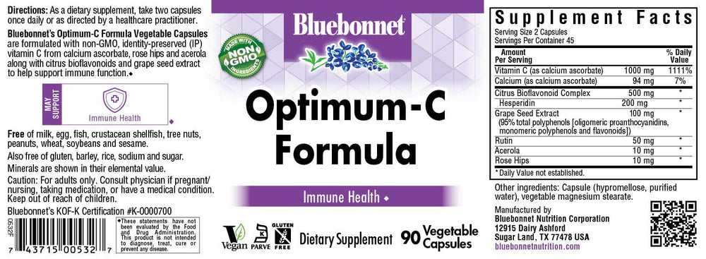 Close-up of BlueBonnet Optimum C Formula capsules and ingredient highlights