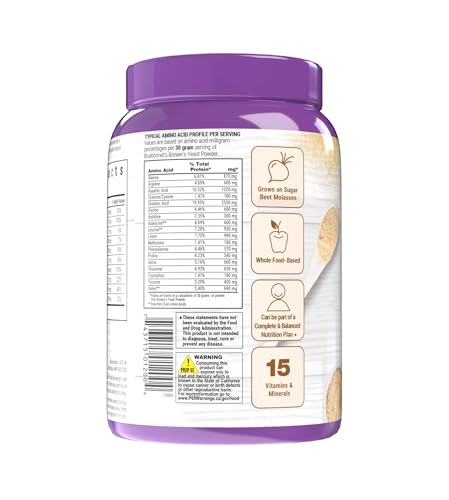 Back label with nutrition and allergen info for Bluebonnet Brewer's Yeast Powder 1 lb