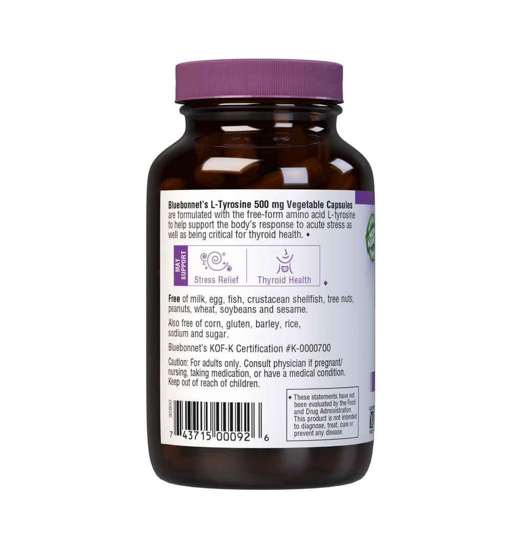 Nutrition label and ingredients for Bluebonnet L-Tyrosine 500 mg