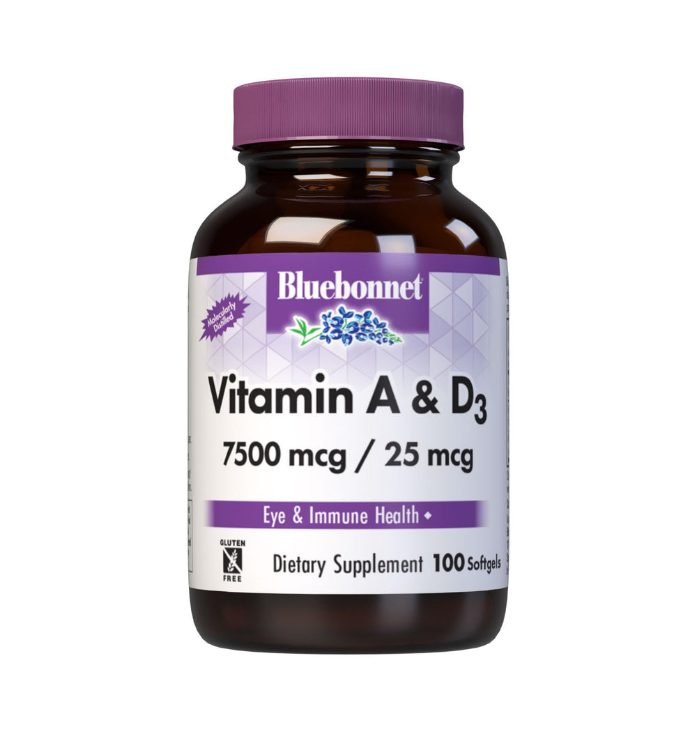 Front label view of Bluebonnet Vitamin A & D3 25,000 IU / 1,000 IU softgels