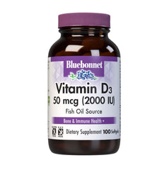 Bottle of Bluebonnet Vitamin D3 2000 IU softgels, 100 count