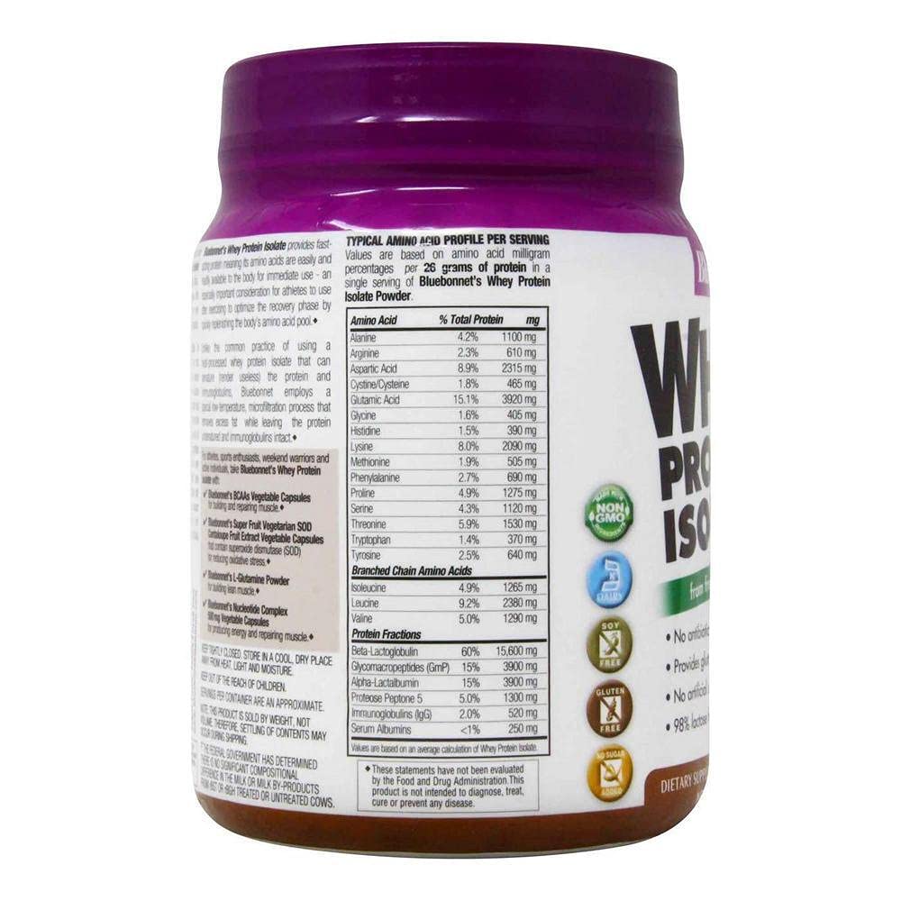Bluebonnet Whey Protein Isolate scoop with chocolate powder ready to mix a shake
