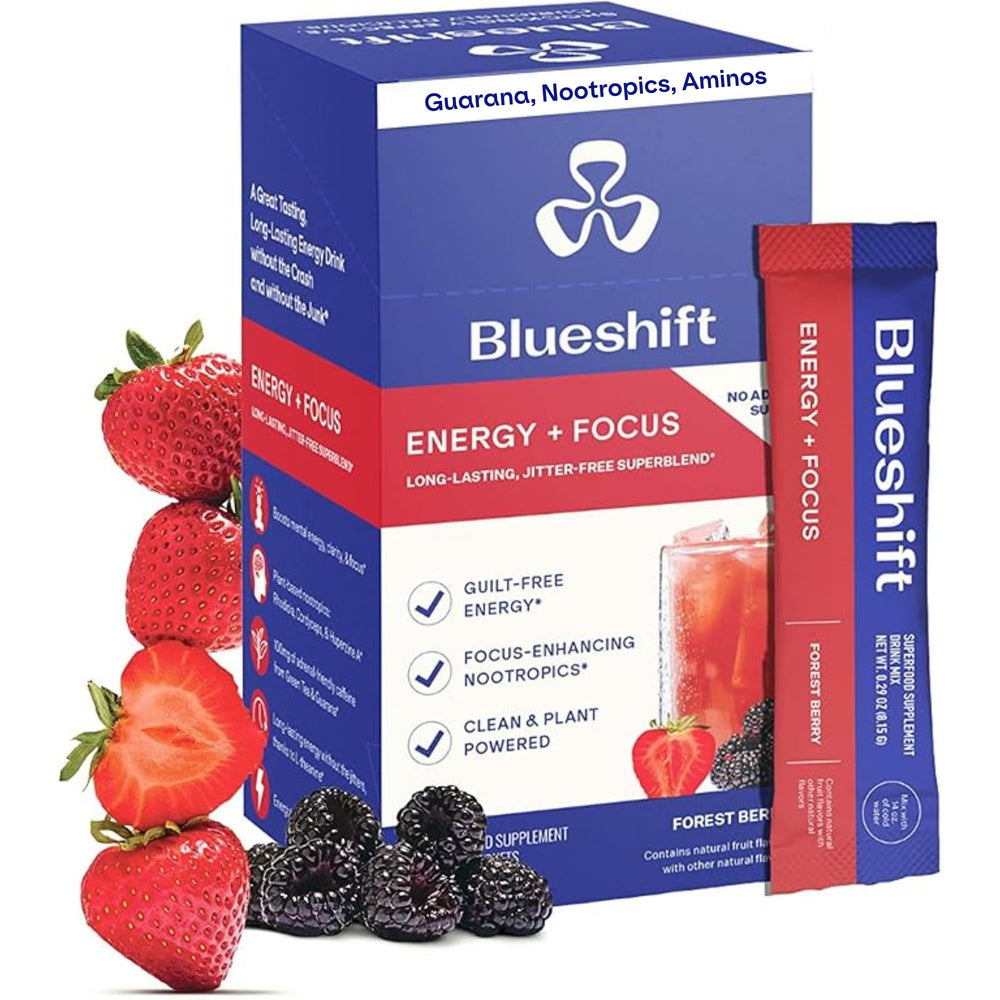 Blueshift Energy + Focus powder-stick closeup highlights portable, jitter-free energy.