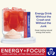 Blueshift Energy + Focus single-serve packet ready for on-the-go energy.