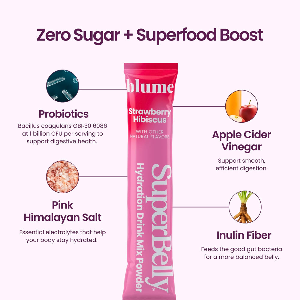 Blume SuperBelly Acai Pomegranate sticks delivering bright flavor and gut-friendly nourishment.