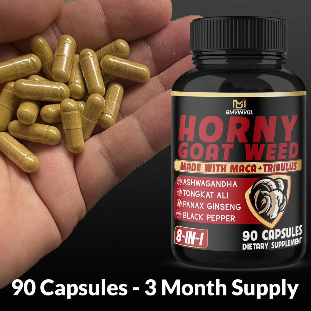 Front view of BMVINVOL Horny Goat Weed Capsules bottle with 90 vegan capsules