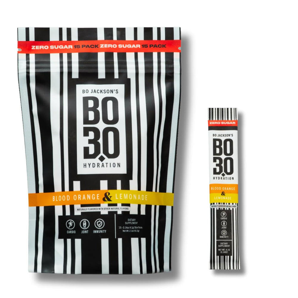 BO3.0 sugar-free electrolyte packets close-up for post-workout hydration.