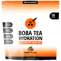 Front view of Boba Tea Hydration Mandarin Yuzu electrolyte powder box with 16-stick packets