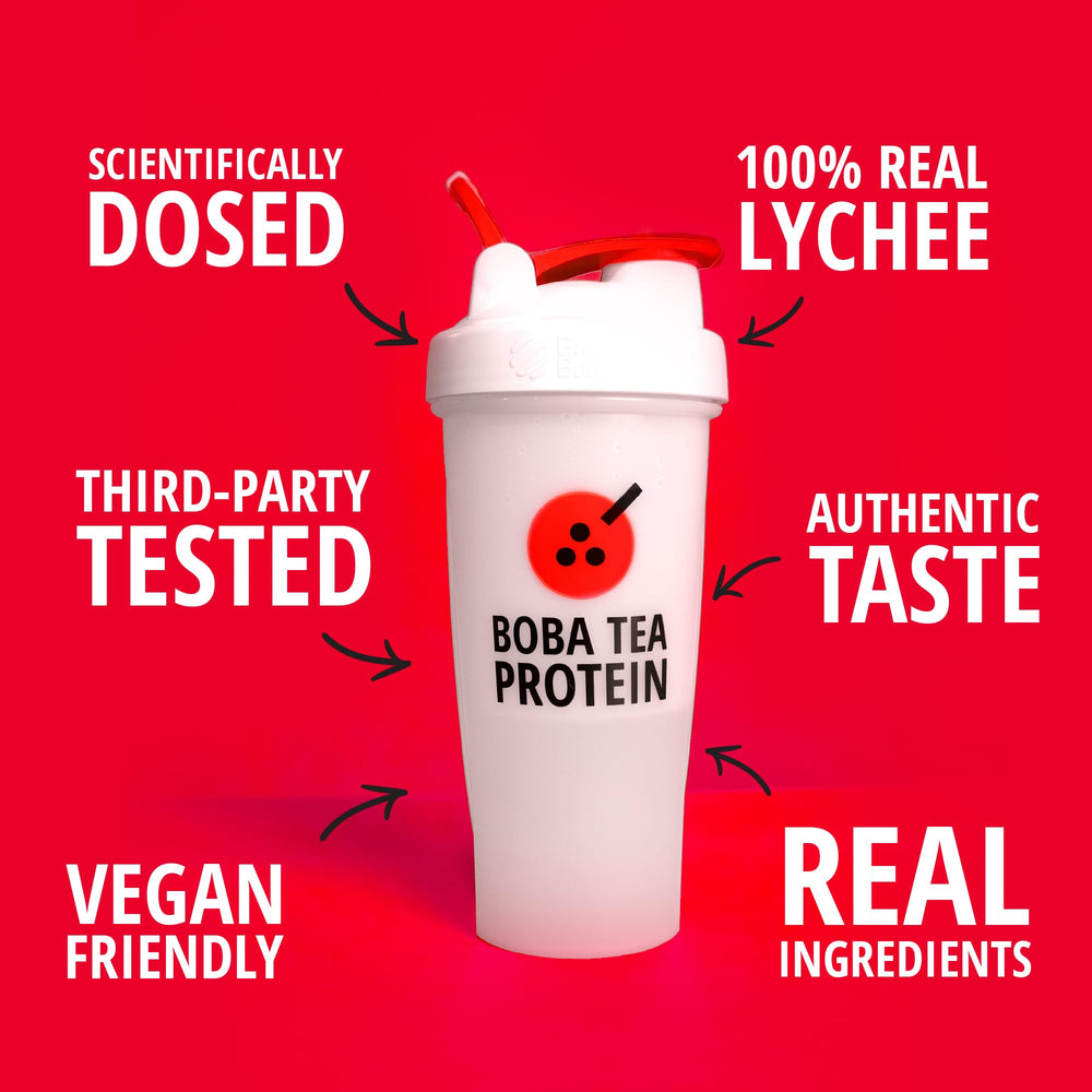 Boba Tea Protein Lychee juice flavor image highlighting natural lychee taste.