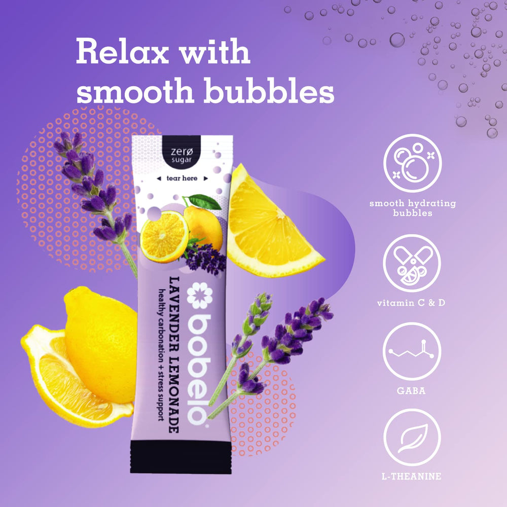 Bobelo Lavender Lemonade drink glass shows refreshing bubbles and real-fruit flavor for a post-workout lift.