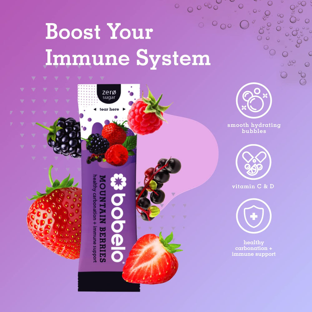 Bobelo Mountain Berries micro bubbles close-up dissolving in water.