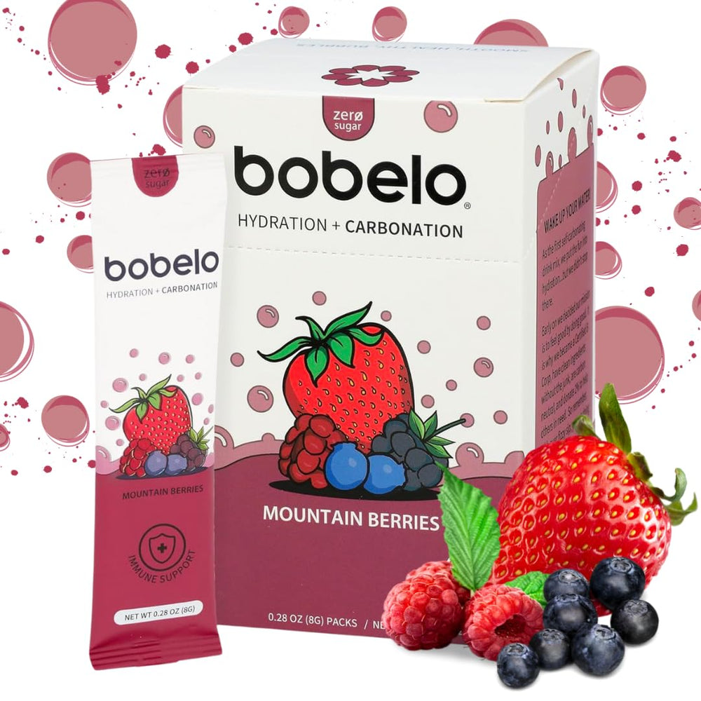 Bobelo Mountain Berries packets front view for keto hydration.