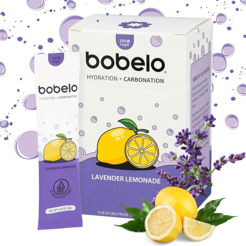Bobelo self-carbonating packets Lavender Lemonade packaging highlights sugar-free hydration and keto compatibility.