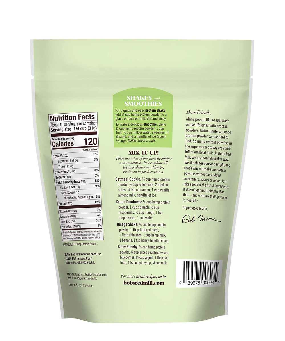 Bob's Red Mill hemp protein powder sealed bag shown for easy storage and freshness.