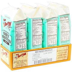 Close-up of Bob's Red Mill whey protein concentrate label highlighting all-natural ingredients.