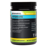 BODi Hydrate tub side view shows electrolyte powder for optimized hydration during workouts