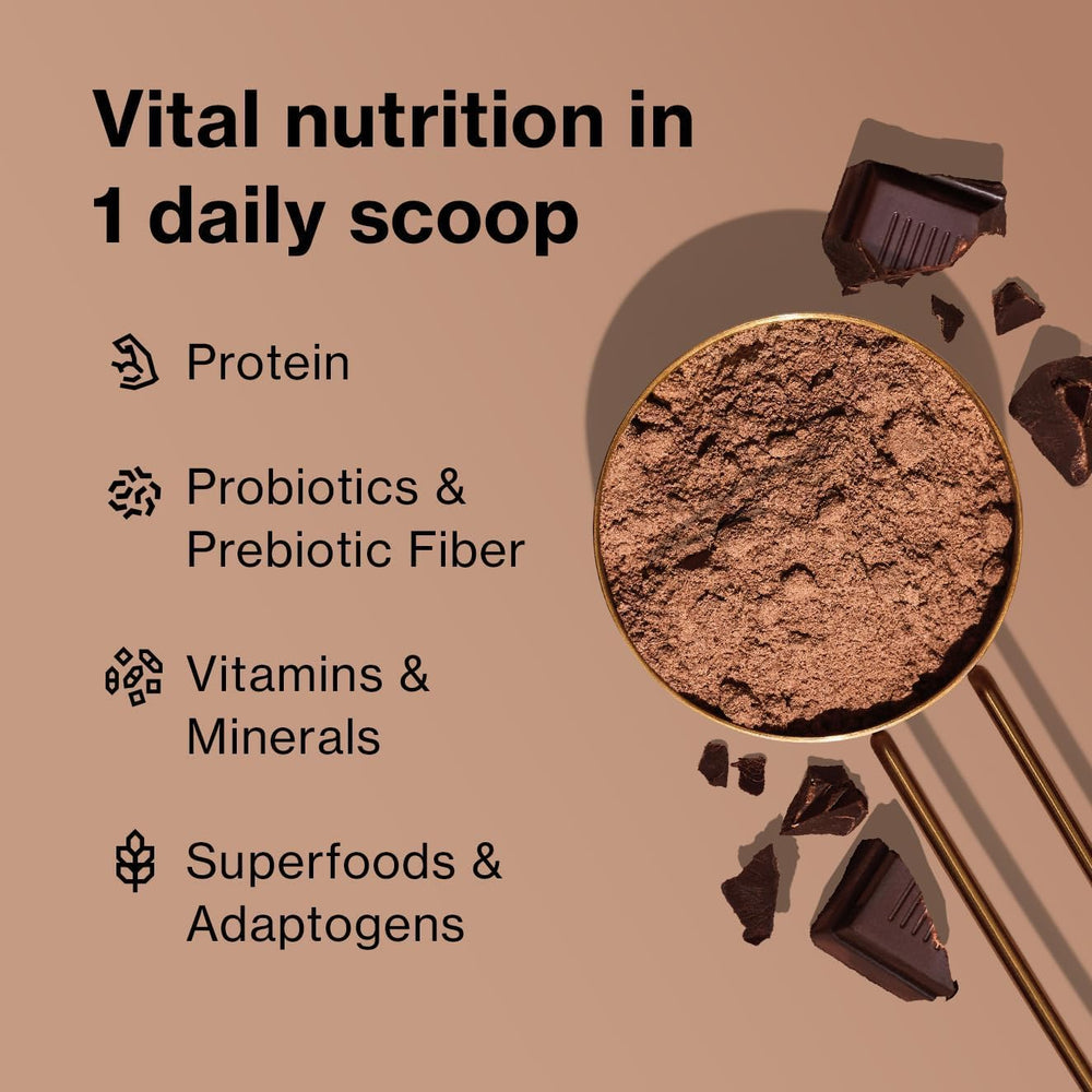 BODi Shakeology Tropical Strawberry close-up of blend highlights pea, rice, flax, quinoa.