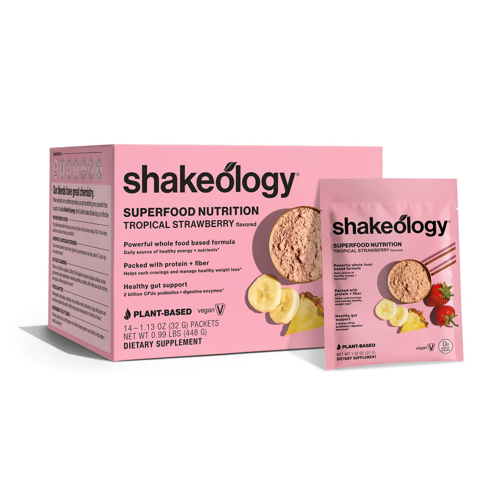 BODi Shakeology Tropical Strawberry packet for on-the-go protein and nutrition.