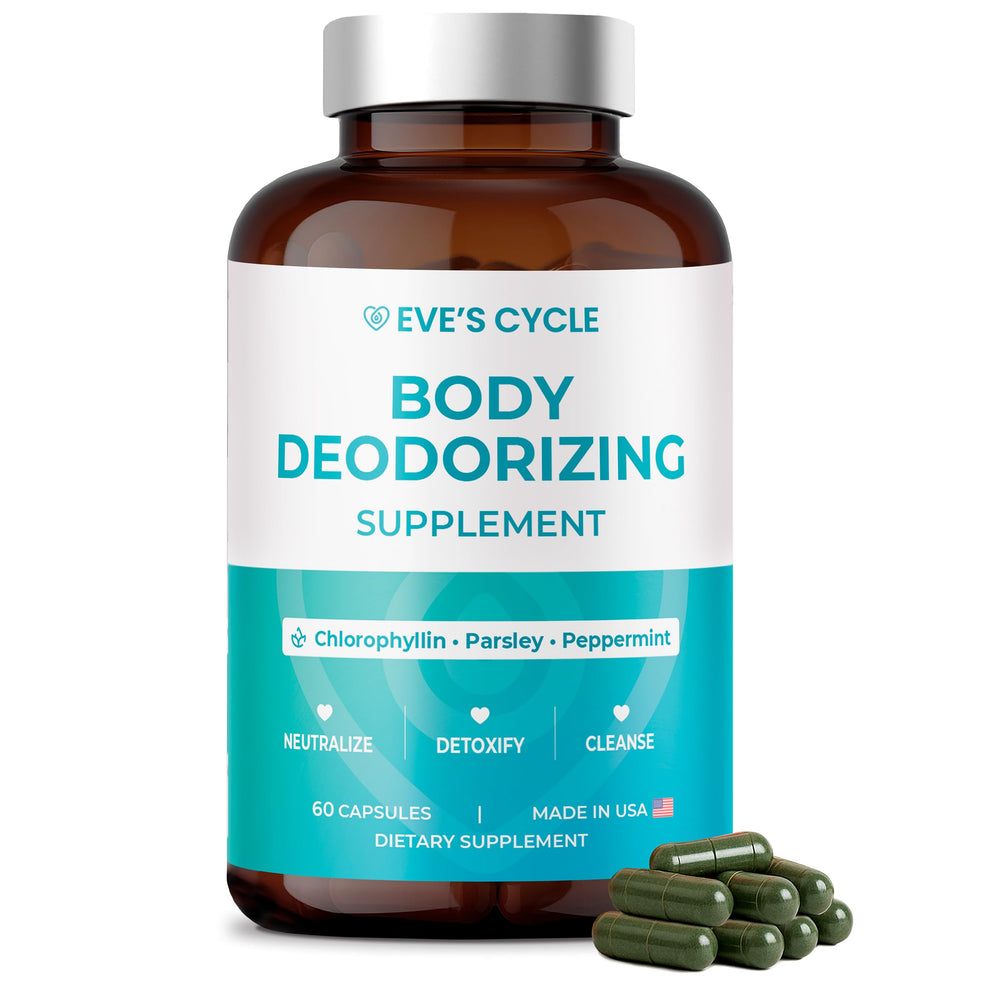Bottle of body deodorizing supplement with chlorophyllin capsules, 60-count