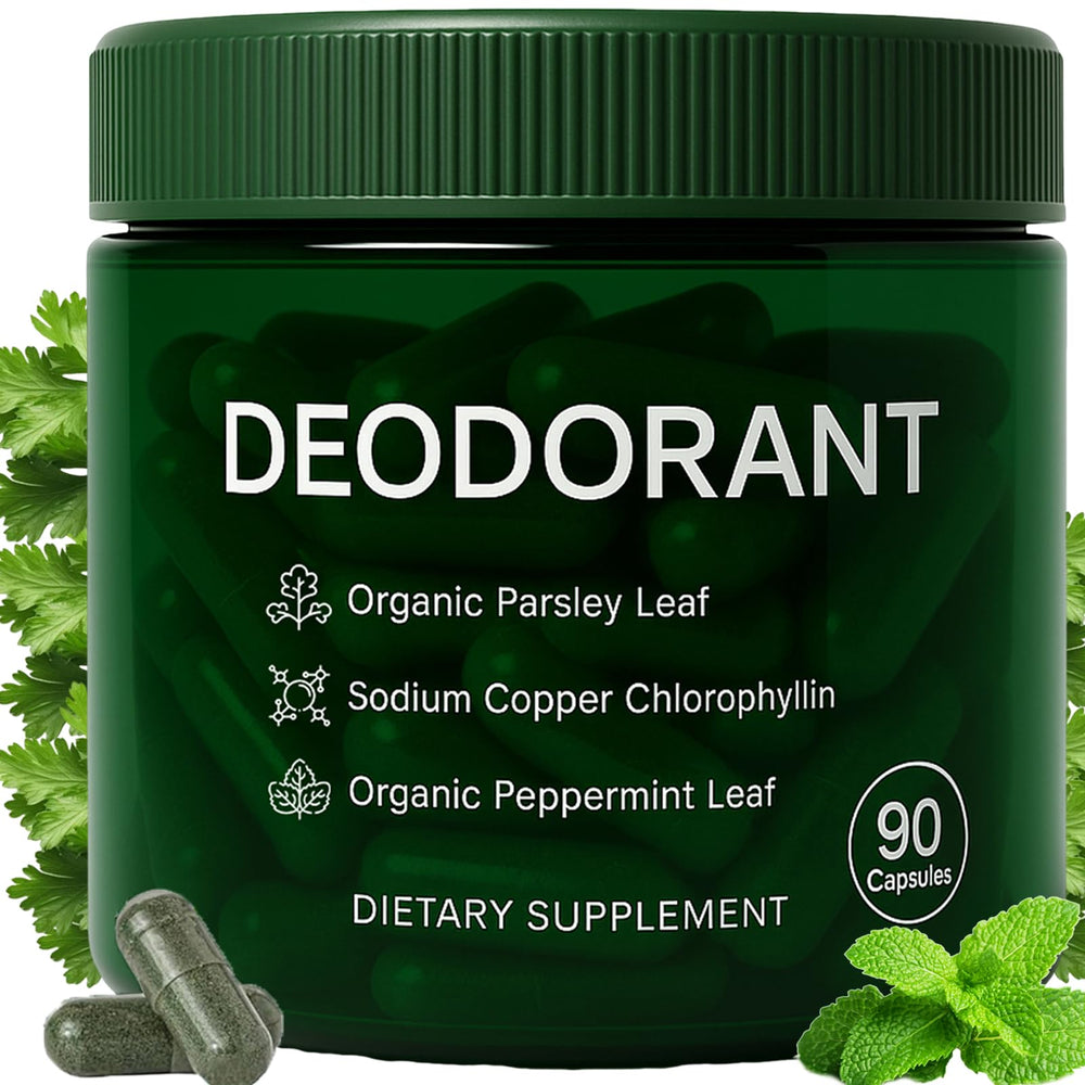 Bottle of Body Deodorizing Supplement with Mint, Parsley & Chlorophyll