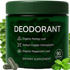 Bottle of Body Deodorizing Supplement with Mint, Parsley & Chlorophyll