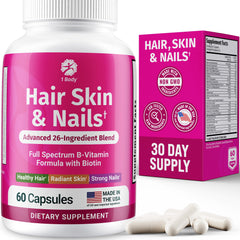 Front view of the Body Hair Skin Nails Vitamins with Biotin bottle with 60 vegan capsules