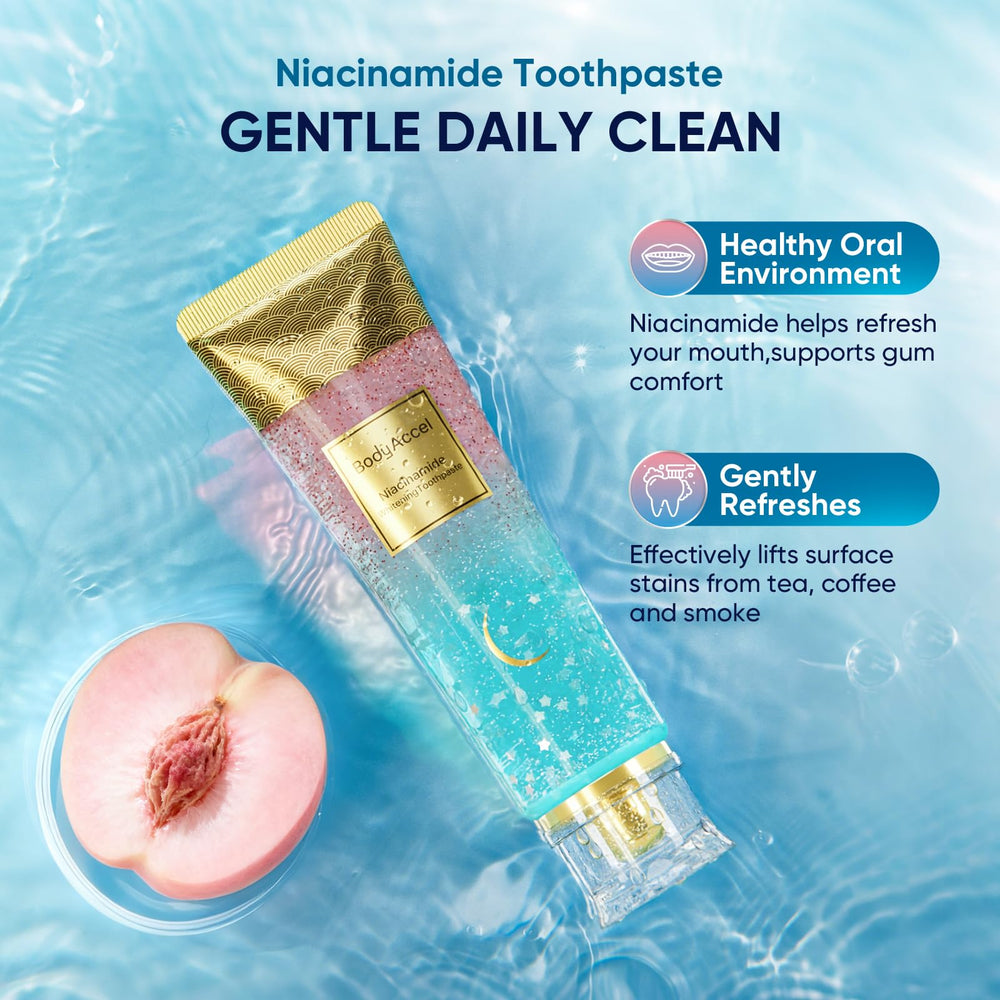Toothpaste tube showing Niacinamide and peach flavor