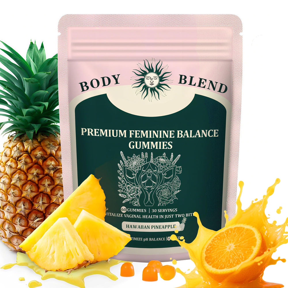 Bottle of BodyBlend Feminine Balance Gummies with Hawaiian pineapple flavor