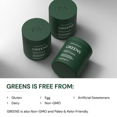 Scooped greens powder with a measuring scoop