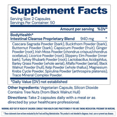 BodyHealth Intestinal Cleanse capsules closeup highlights natural herbal laxative formula for overnight support.