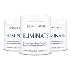 BodyHealth Intestinal Cleanse on sink with glass of water conveys easy, natural detox support.