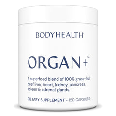 BodyHealth Organ+ Grass-Fed Glandular Complex bottle and capsules on a white background