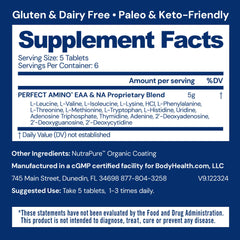 BodyHealth PerfectAmino label nutrition facts panel emphasizes amino acid profile.