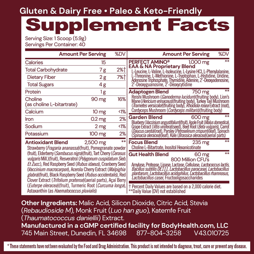 Close-up of BodyHealth Reds powder label and ingredients